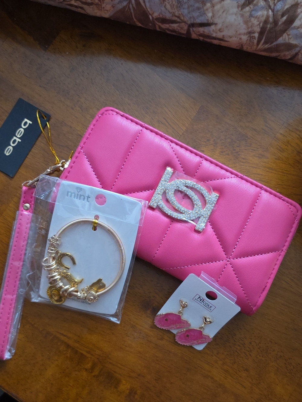 New Bebe Hot Pink Quilted Wristlet Wallet w/gems, Gold Charm Bracelet,Earrings